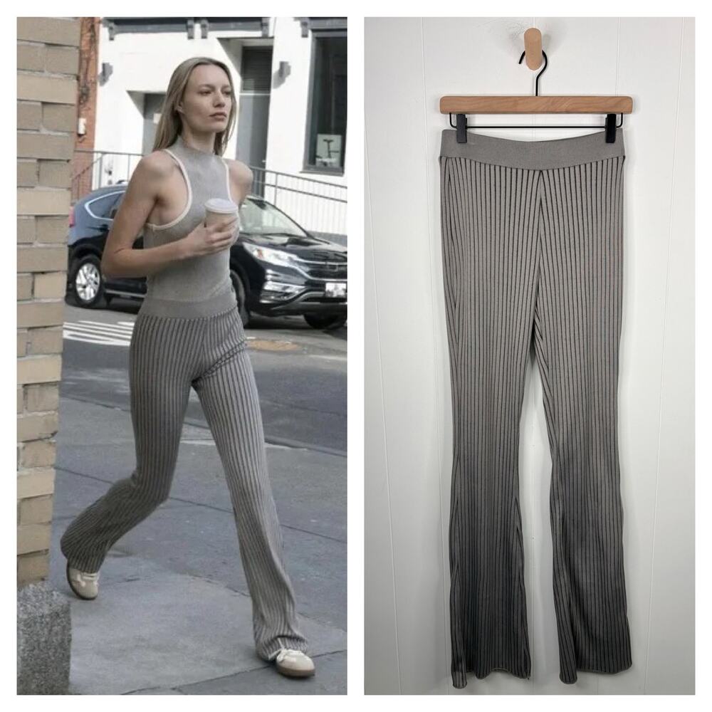 Zara Ribbed High Rise Flare Leg Pants Size Medium Gray Stripe Leggings